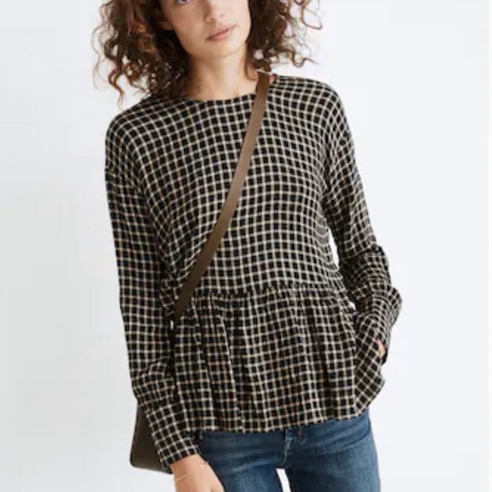 Madewell Button-Back Peplum Top in Mini Windowpane